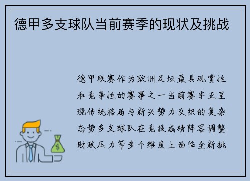 德甲多支球队当前赛季的现状及挑战